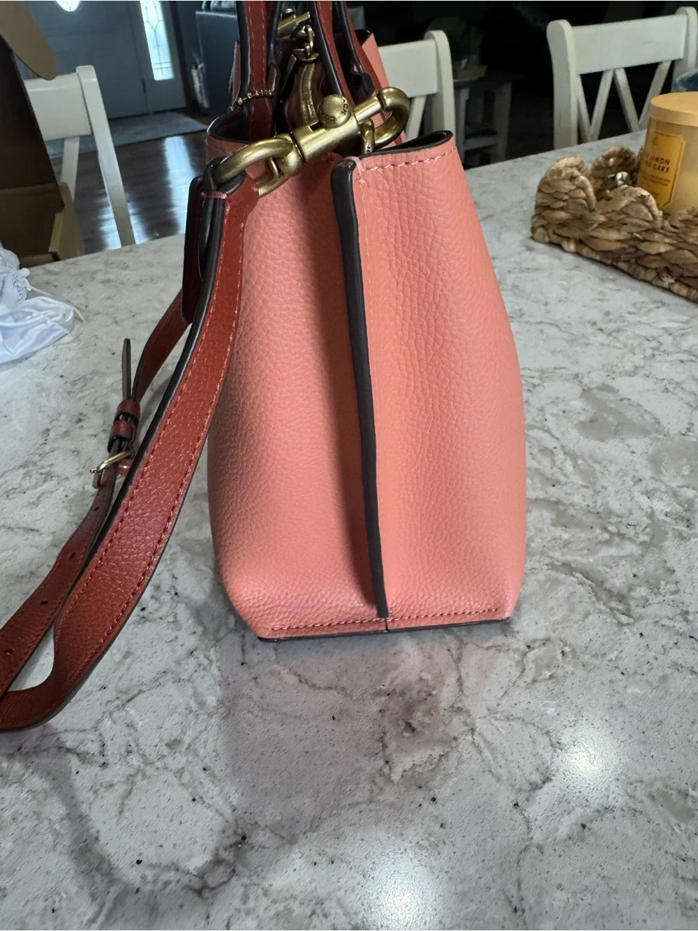 Coach Willow 24 Coral Leather Tote with Brown Trim